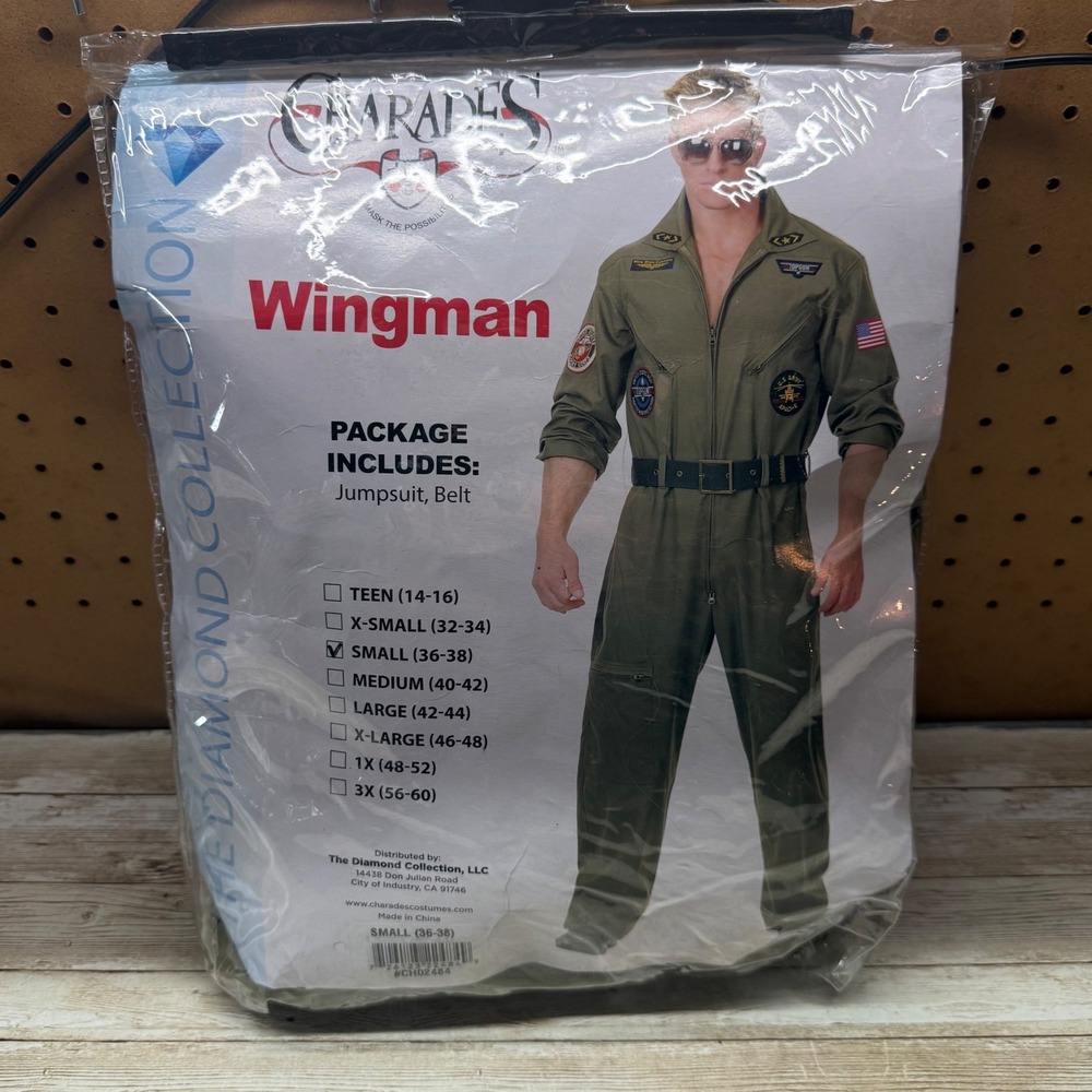 Charades Wingman Costume Mens Small Green Top Gun Pilot Flight Suit Jumpsuit